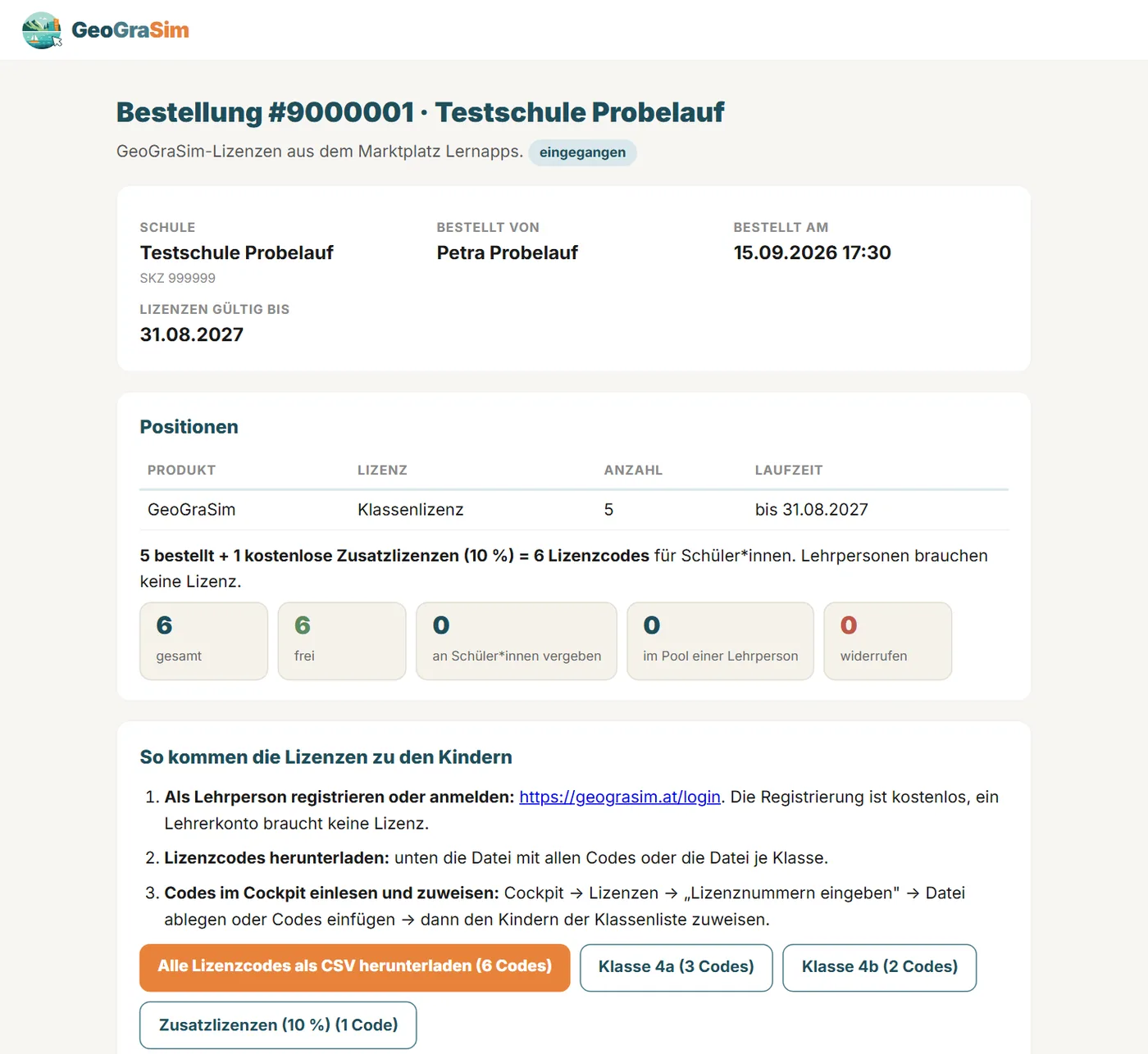 Die Bestellseite mit Schule, Positionen, fünf Zählern und den Download-Knöpfen für alle Codes und je Klasse