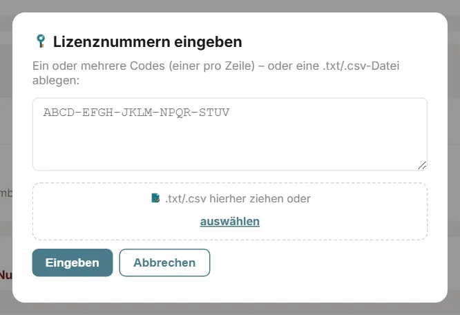 Der Dialog Lizenznummern eingeben mit Textfeld für Codes und einem Feld zum Ablegen einer .txt- oder .csv-Datei
