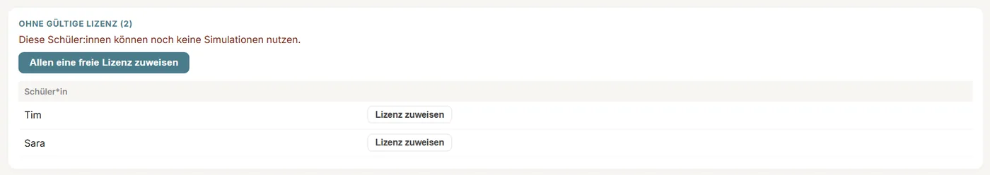Der Abschnitt Ohne gültige Lizenz mit dem Knopf Allen eine freie Lizenz zuweisen und je Kind dem Knopf Lizenz zuweisen