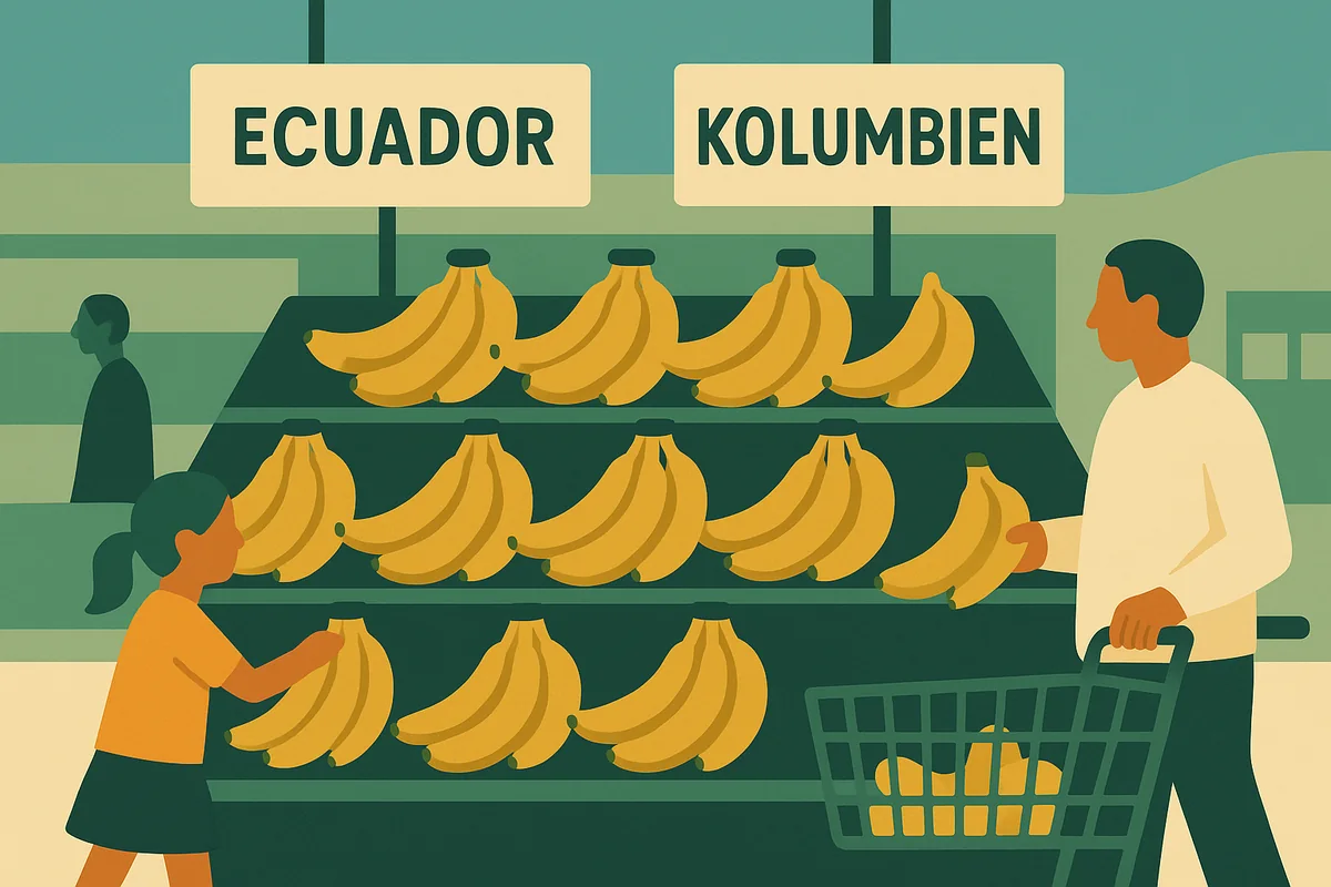 Keine Banane wächst in Vorarlberg – sie kommt aus den Tropen. Das Herkunftsschild im Supermarkt erzählt die ganze Geschichte der Anbaugrenze.