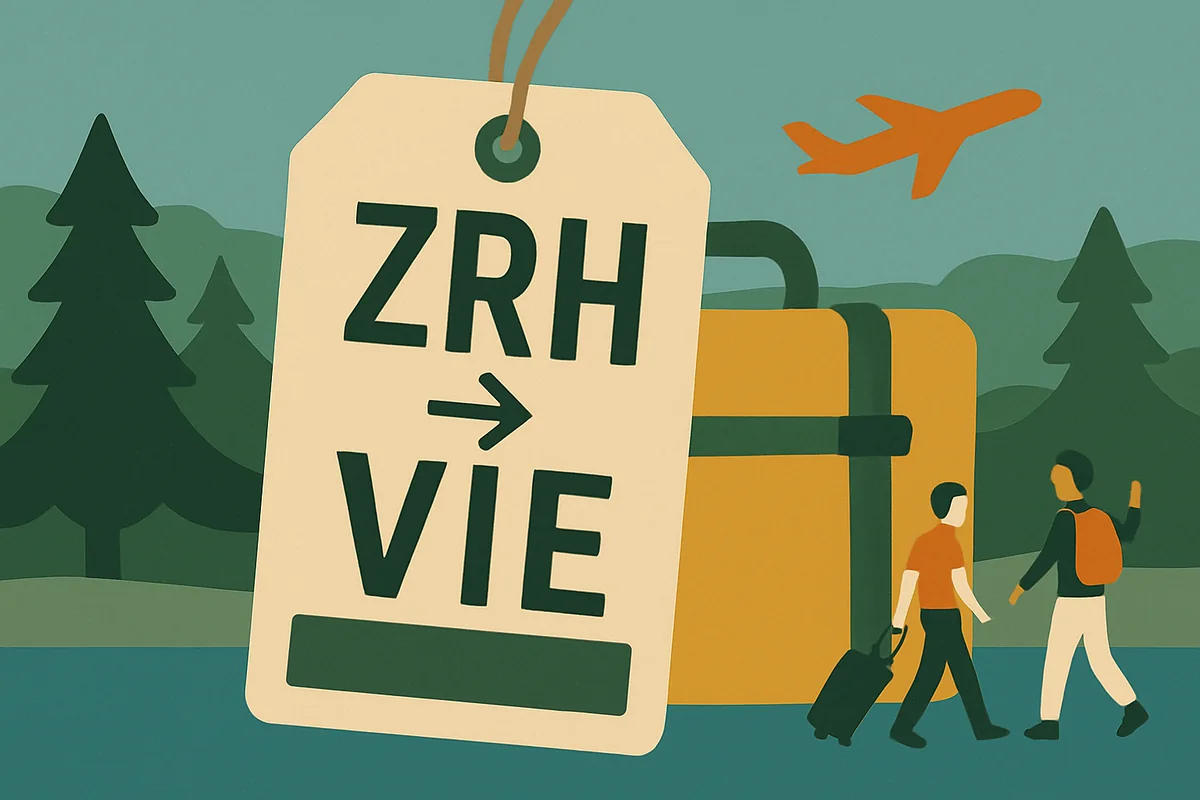 Drei Buchstaben für die ganze Welt: IATA-Codes wie ZRH und VIE stehen auf Bordkarte und Kofferanhänger – in der Simulation sortierst du damit das Gepäck.