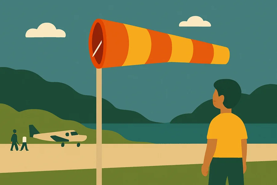 Das einfachste Instrument am Flughafen: Der Windsack zeigt, wohin der Wind weht – und damit, auf welcher Piste gestartet wird.