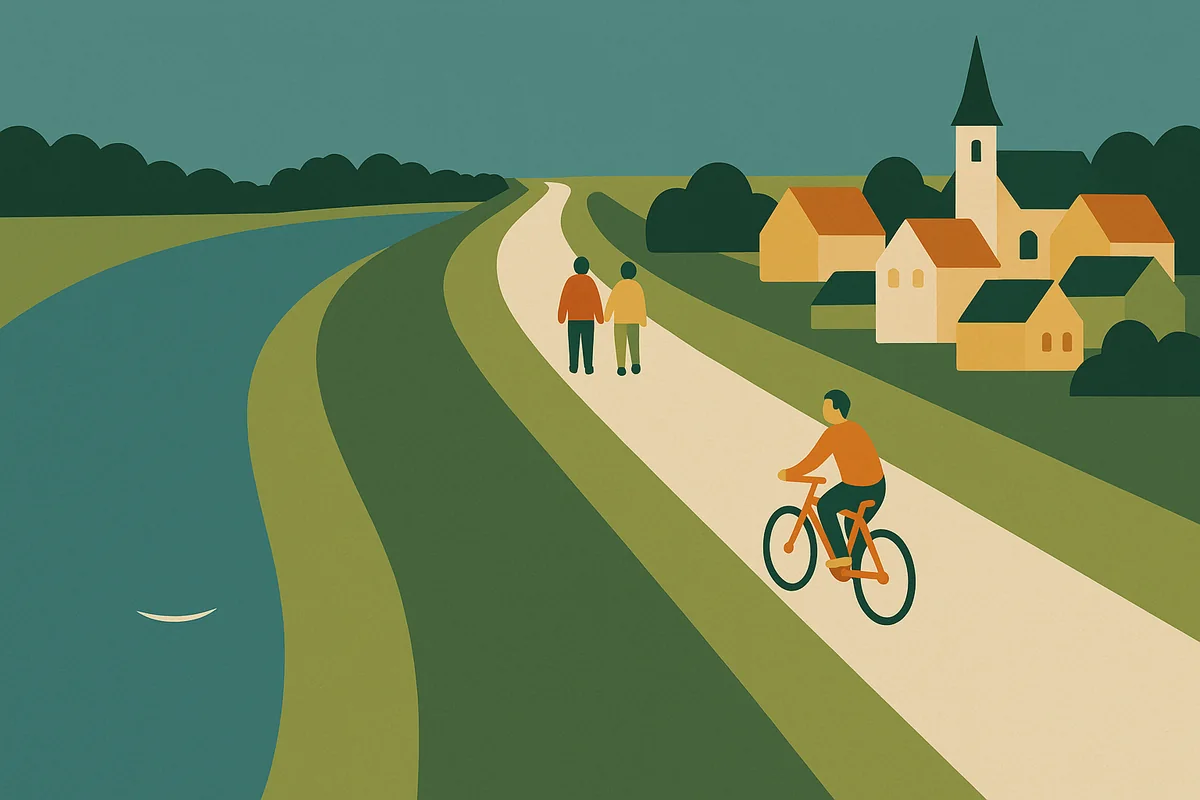 Alltag auf dem Damm: Radweg oben, Wohngebiet unten. Viele Rheintal-Gemeinden liegen tiefer als der Flussspiegel bei Hochwasser.