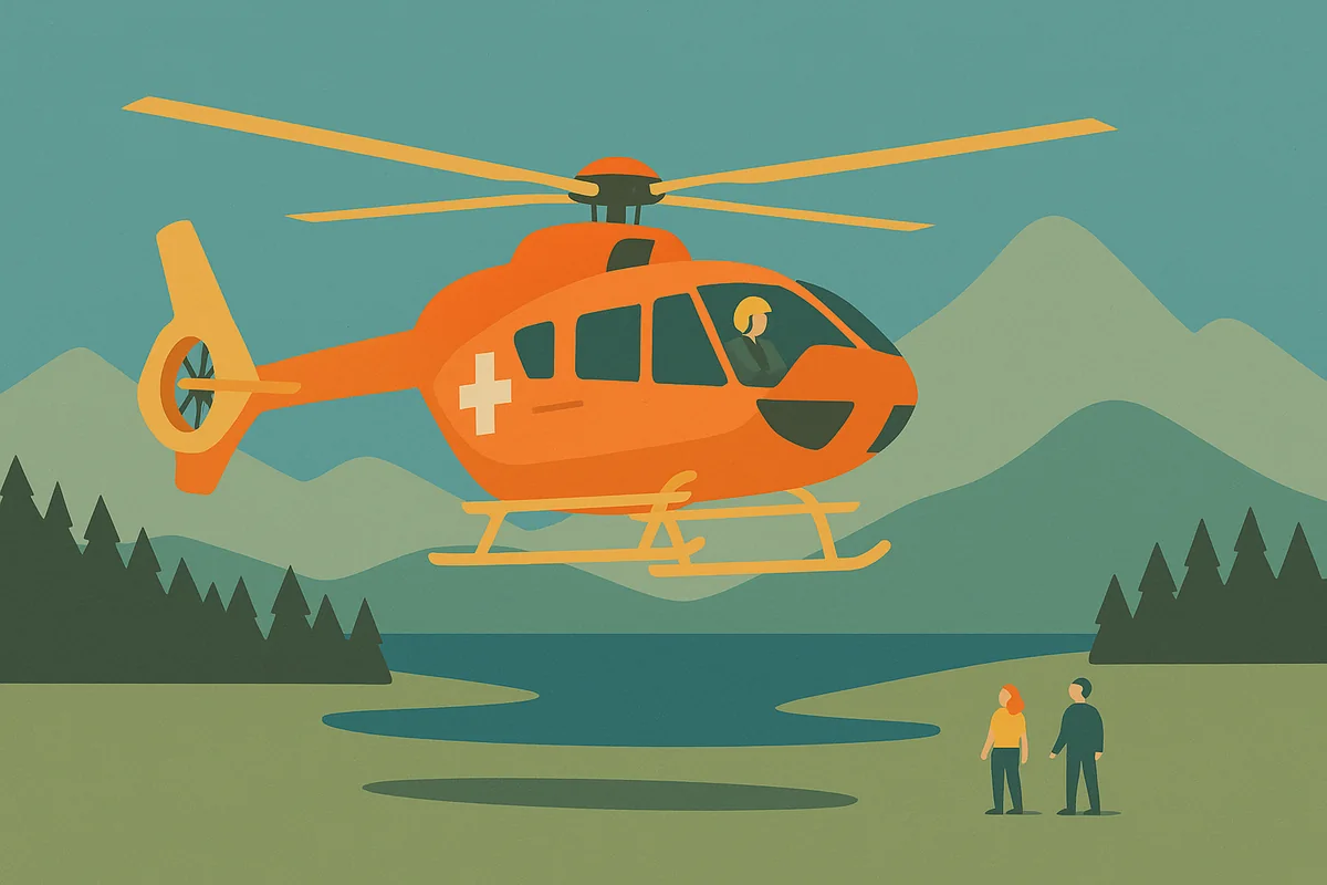 Ein Notarzthubschrauber im Alpenraum: Die Crew navigiert mit Karte, Koordinaten und Ortskenntnis – jede Minute zählt.