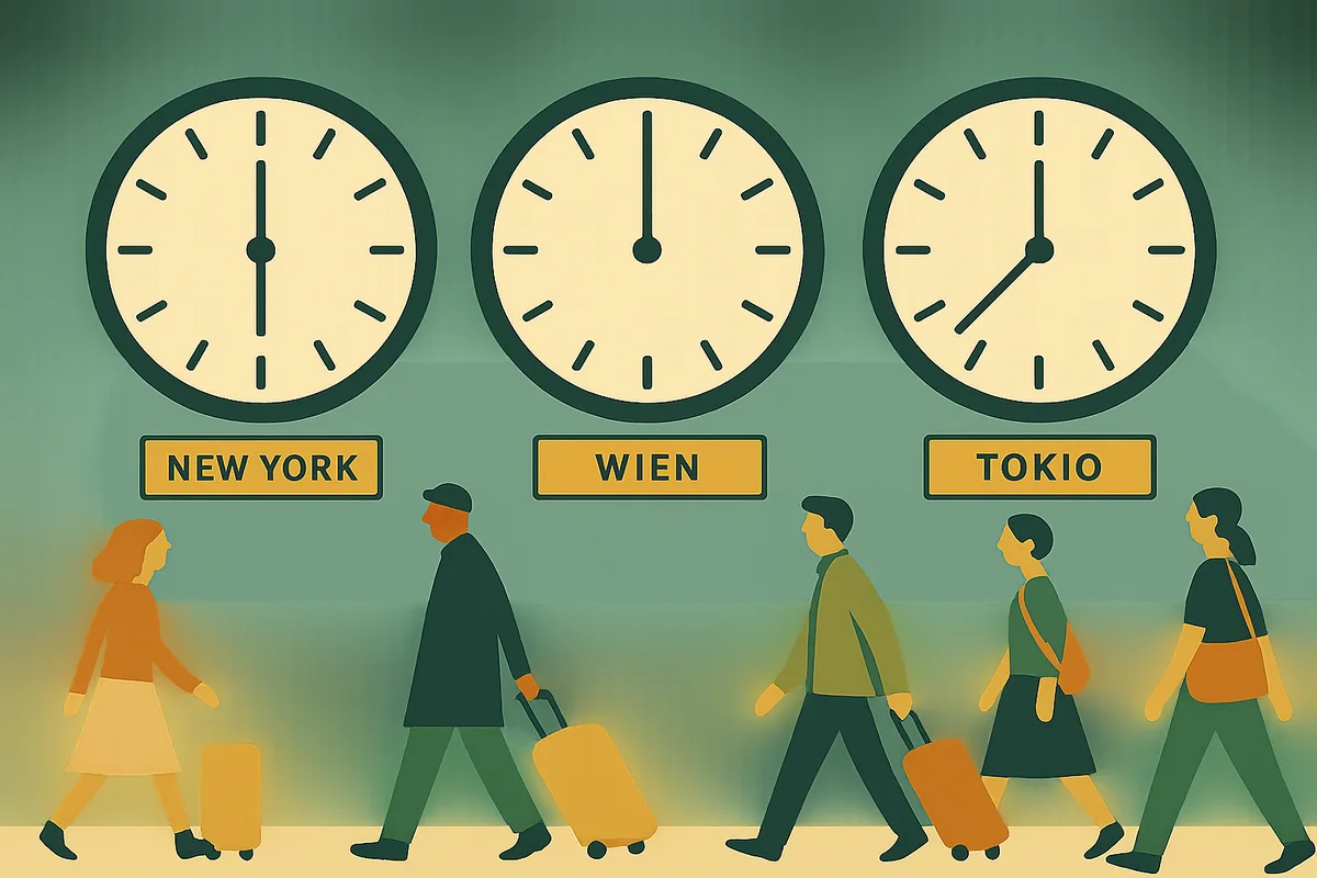 New York, Wien, Tokio: Auf der rotierenden Erdkugel ist nie überall gleich spät – die Zeitzonen folgen (grob) den Längengraden.