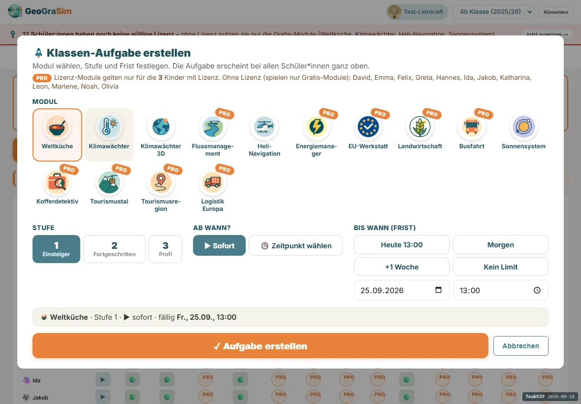 Dialog Klassen-Aufgabe erstellen mit Modulwahl als App-Symbole, Stufe, Startzeit und Frist
