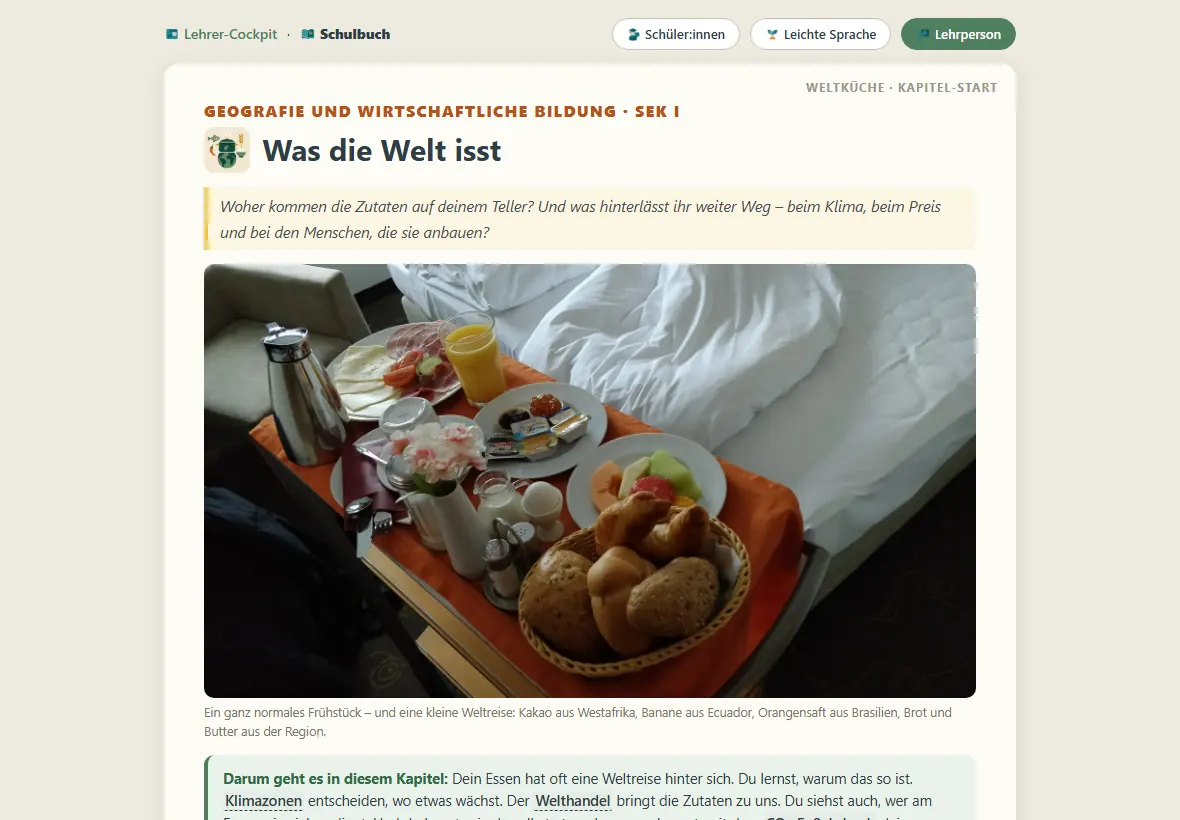 Kapitel Was die Welt isst im digitalen Schulbuch mit Leitfrage, Bild und Fassungen für Schüler*innen, Leichte Sprache und Lehrperson